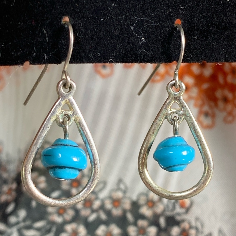 Silver Teardrop Earrings with Turquoise Beads